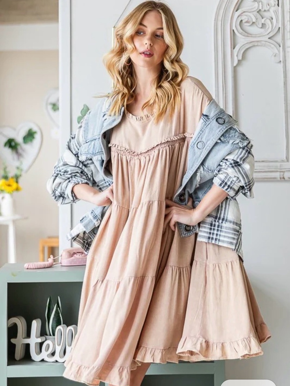 Oil & Hali WASHED TIERED RUFFLE HEM BABYDOLL MINI DRESS M